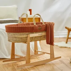 Natural Knitted Moses Basket, Mattress & Rocking Stand Bundle - Terracotta Rice