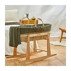 Ex Display Natural Knitted Moses Basket, Mattress & Rocking Stand Bundle - Juniper