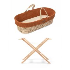 Natural Knitted Moses Basket, Mattress & Stand Bundle - Terracotta Rice